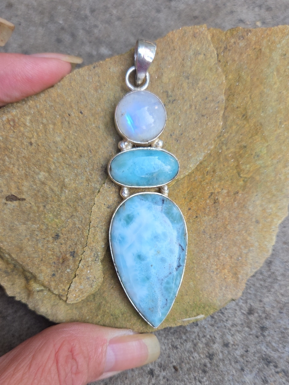 Sterling Silver Blue Larimar & Moonstone Drop Pendant